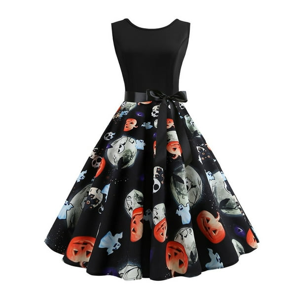 Halloween Tank Dress for Women V Neck Sleeveless Black Cat Pumpkin Printed Vintage A-line Casual Cocktail Dress Halloween Tank Dress for Women V Neck Sleeveless Black Cat Pumpkin Printed Vintage A-line Casual Cocktail Dress